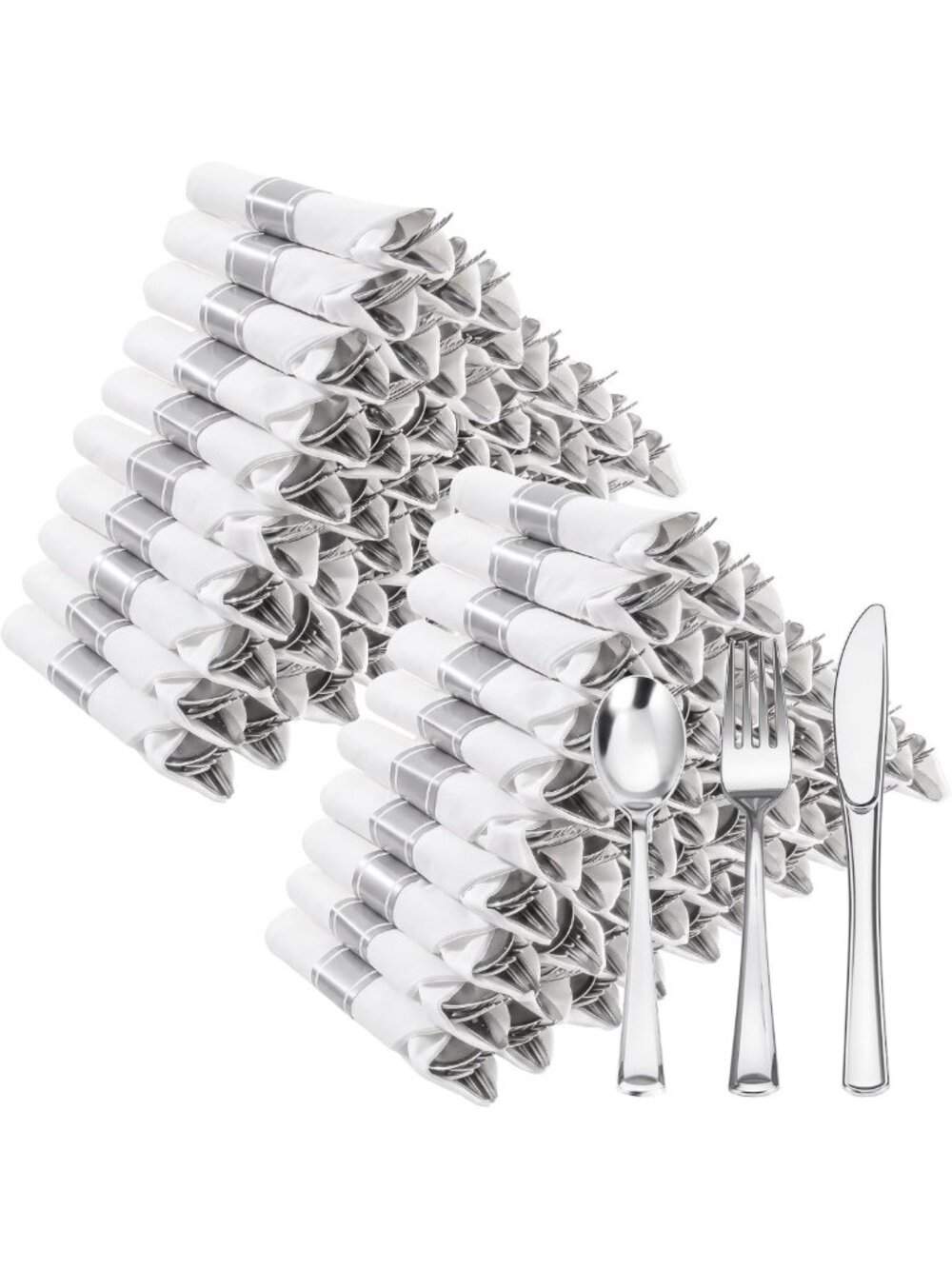 100 Pack Pre Rolled Silver Plastic Cutlery Set - Wrapped Disposable Silverware